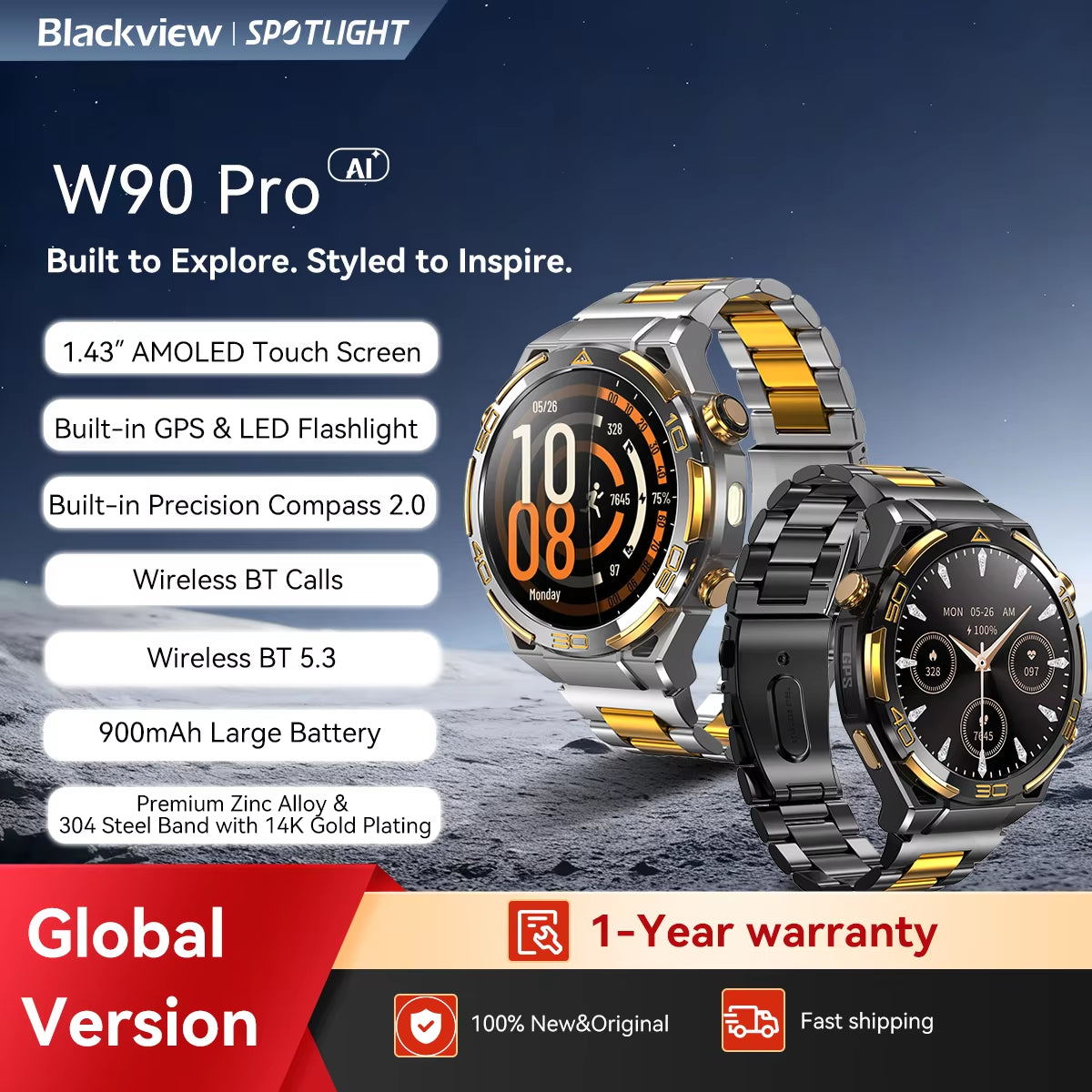 New  W90 Pro GPS Smart Watch 1.43" HD AMOLED Display, 900Mah/ 20Days Standby Bluetooth Waterproof Sport Watch for Men