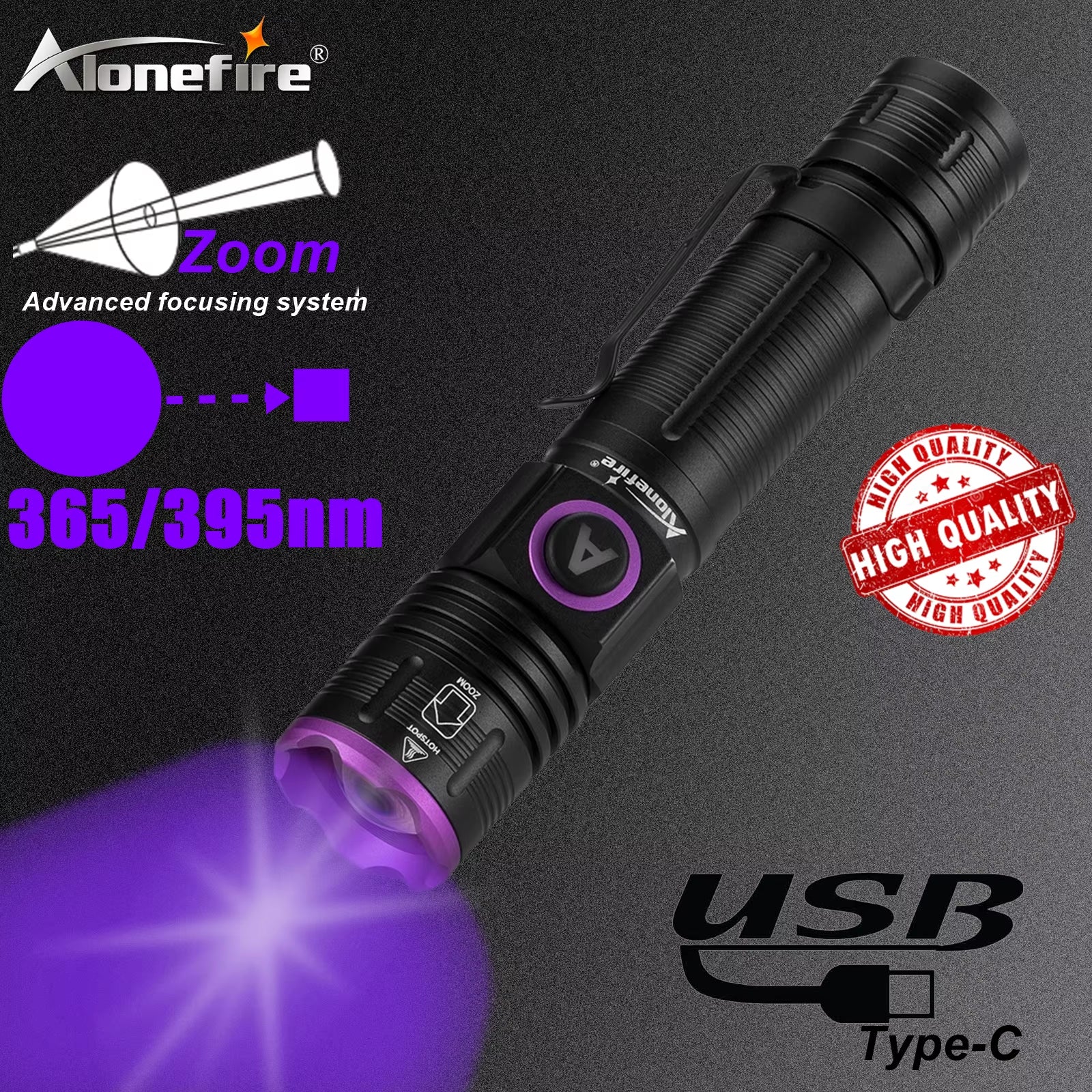 365/395Nm Zoom UV Flashlight USB Rechargeable Ultraviolet Adhesive Curing Torch Cat Dog Pets Urine Tinea Marker Money Ore Light