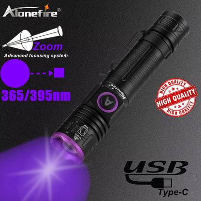 365/395Nm Zoom UV Flashlight USB Rechargeable Ultraviolet Adhesive Curing Torch Cat Dog Pets Urine Tinea Marker Money Ore Light