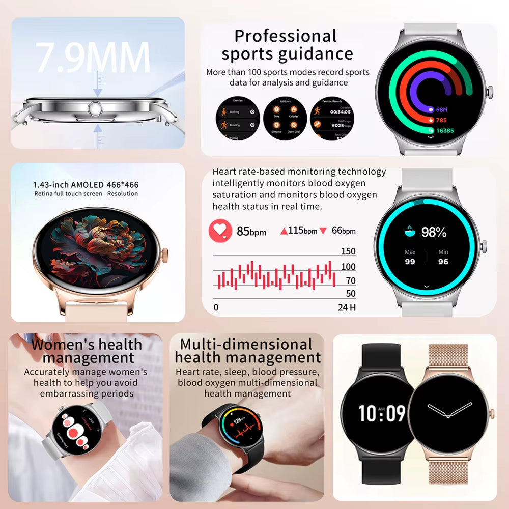 2026 New 7.9MM Ultra Thin Smart Watch Women Screen Always Display Time Sports Bracelet Bluetooth Call Fashion Smartwatches Ios