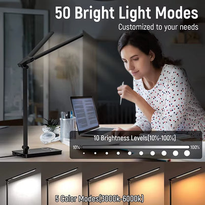 Double Head LED Desk Lamp,Dual Swing-Arm Table Lamp for Home Office,5 Color Modes and 5 Dimmable,Modern Eye-Caring Piano Lamp