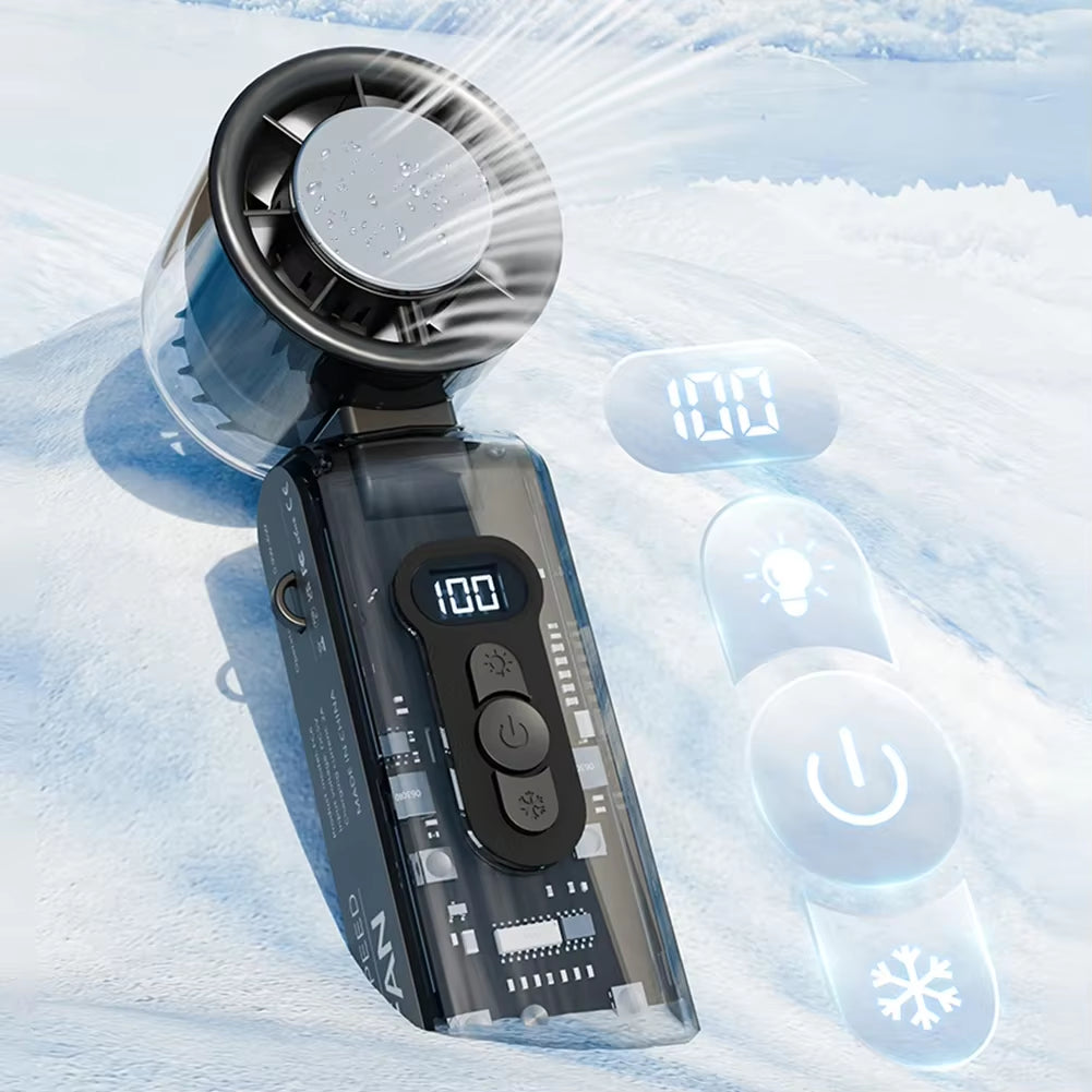 100-Speed Turbo Fan with LED Light | Portable, Rechargeable & Foldable | Handheld Cooling for Camping, Home & Office