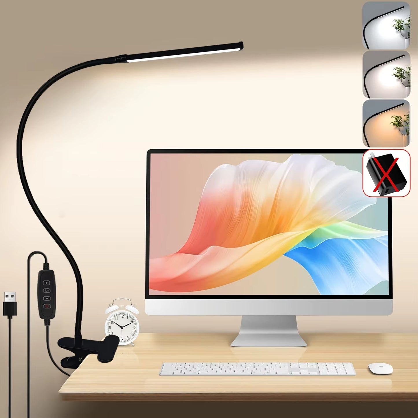 10W LED Desk Lamp with Clamp Dimmable Clip on Reading Light 10 Brightness Level 3 Lighting Modes Flexible Study Table Lamp USB