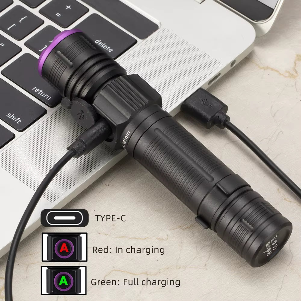 365/395Nm Zoom UV Flashlight USB Rechargeable Ultraviolet Adhesive Curing Torch Cat Dog Pets Urine Tinea Marker Money Ore Light