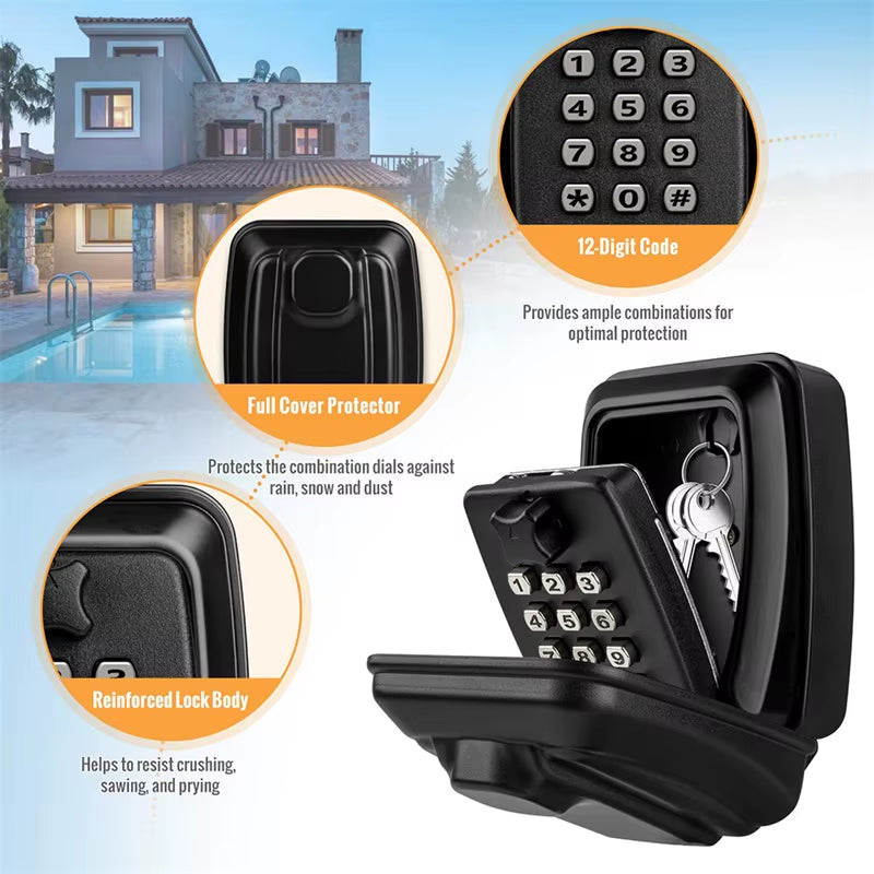 Wall Mounted Key Storage Safe Waterproof Anti-Theft Key Box with Combination Lock 12-Digital Password Office Home Outdoor Use