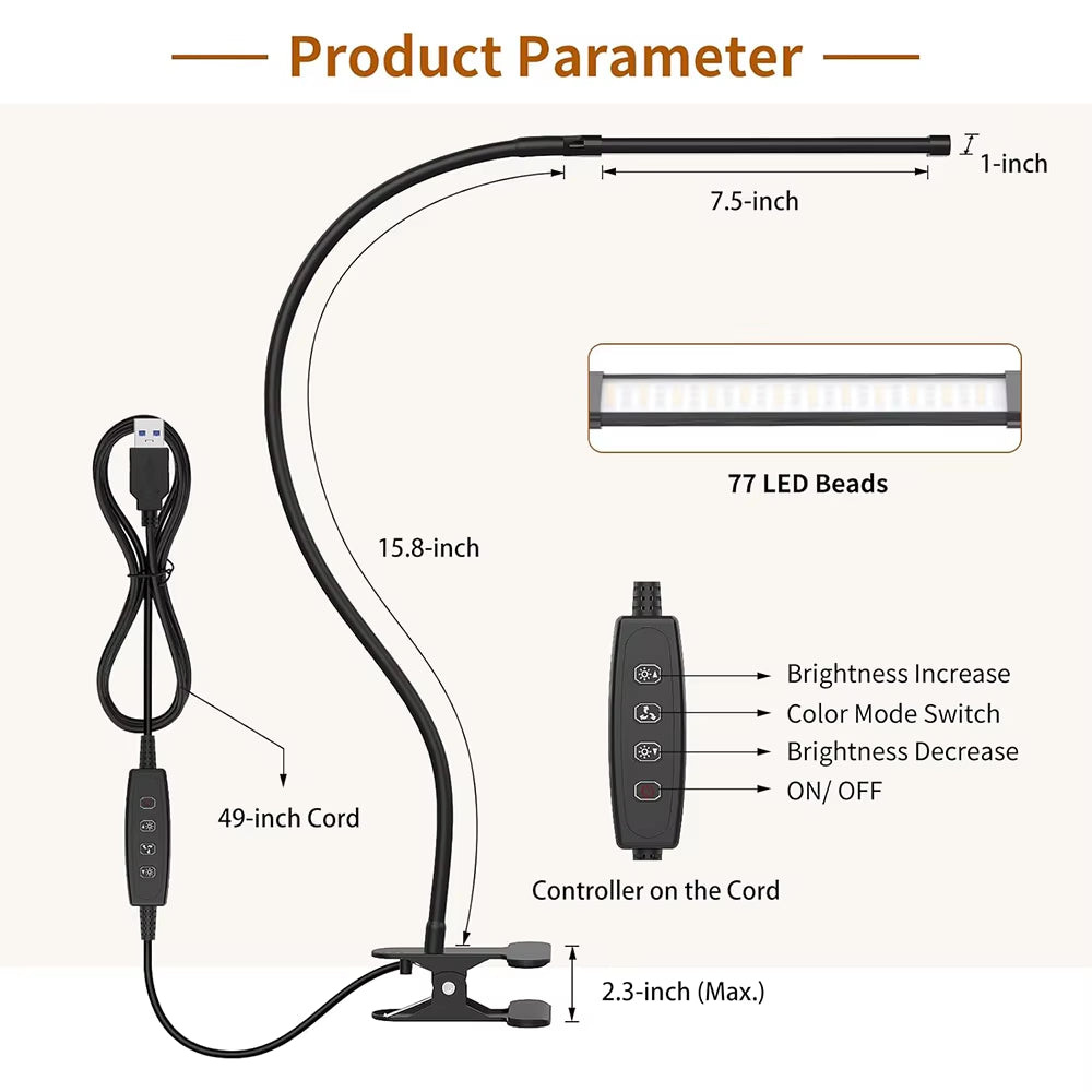 10W LED Desk Lamp with Clamp Dimmable Clip on Reading Light 10 Brightness Level 3 Lighting Modes Flexible Study Table Lamp USB