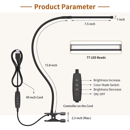 10W LED Desk Lamp with Clamp Dimmable Clip on Reading Light 10 Brightness Level 3 Lighting Modes Flexible Study Table Lamp USB