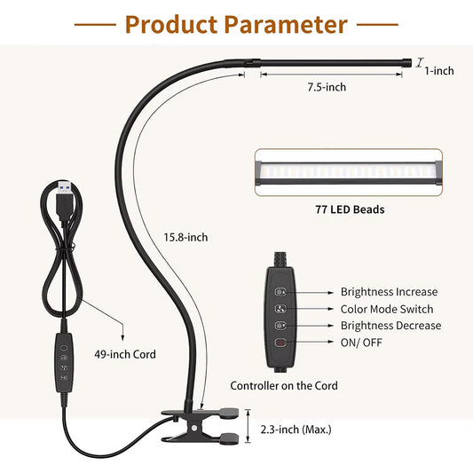 10W LED Desk Lamp with Clamp Dimmable Clip on Reading Light 10 Brightness Level 3 Lighting Modes Flexible Study Table Lamp USB