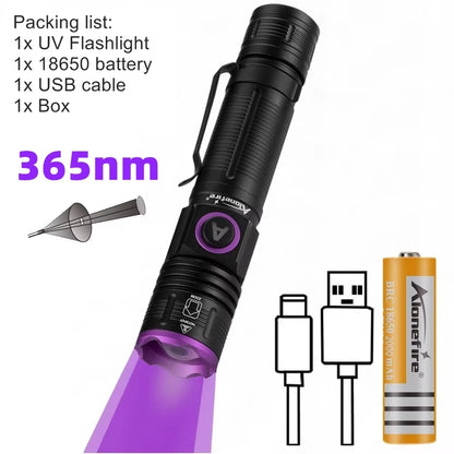 365/395Nm Zoom UV Flashlight USB Rechargeable Ultraviolet Adhesive Curing Torch Cat Dog Pets Urine Tinea Marker Money Ore Light