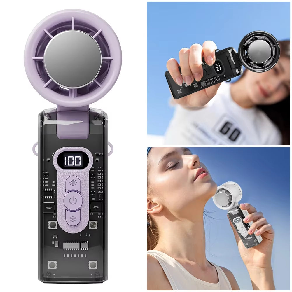 100-Speed Turbo Fan with LED Light | Portable, Rechargeable & Foldable | Handheld Cooling for Camping, Home & Office