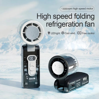 100-Speed Turbo Fan with LED Light | Portable, Rechargeable & Foldable | Handheld Cooling for Camping, Home & Office